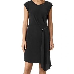 All Saints Silk Black Asymmetrical Draped Cap-Sleeve Dress with zipper